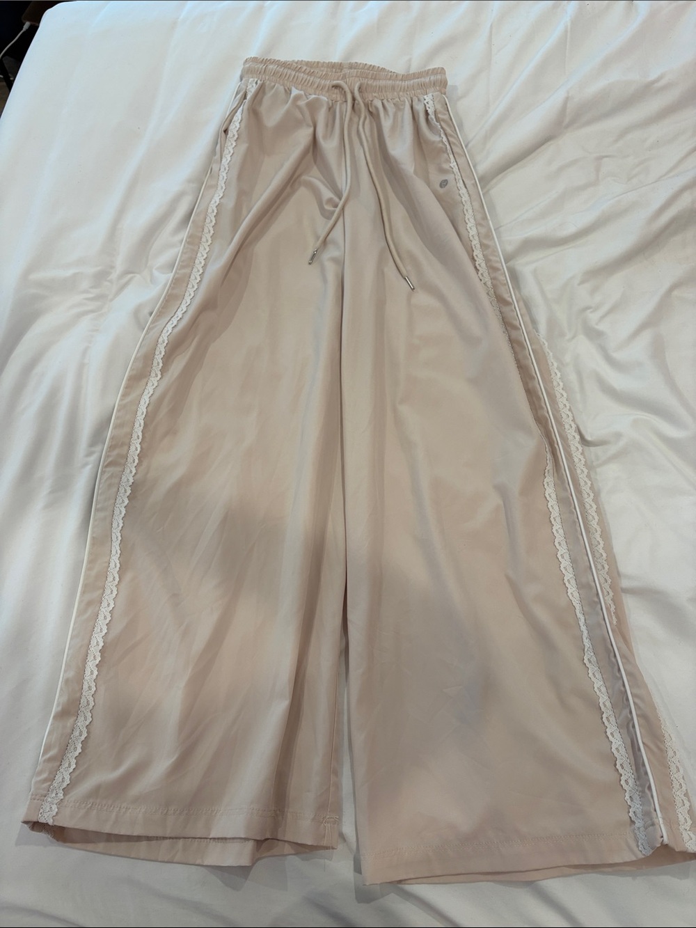 Altar'd State Beige Wide-Leg Track Pants with Lace Trim